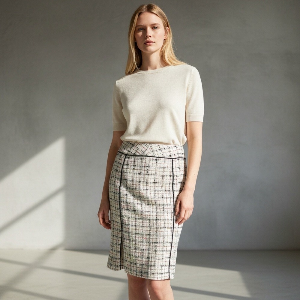 Lafayette 148 Tweed Pencil Skirt Womens 4 Cream Multi Bouclé Lined Slit